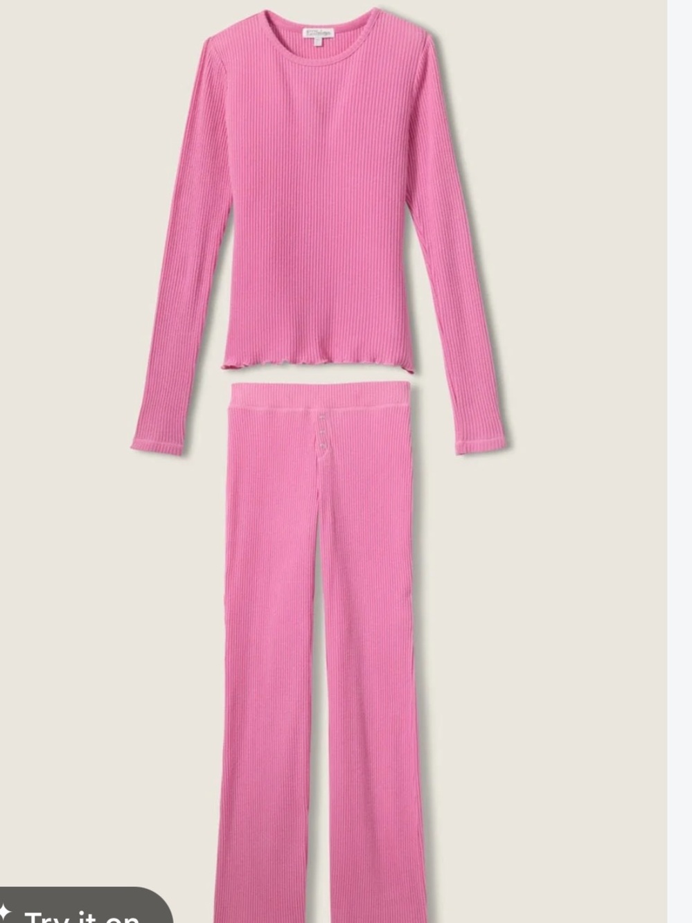 Pj Salvage Reloved Pink Ribbed Long Sleeve Top and Bottom PJ Set Small